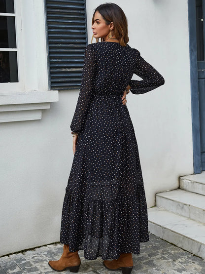 Maxi long-sleeve hem ruffles boho dress for women -2