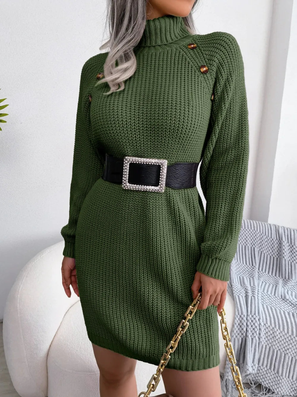Knit sweater winter long-sleeve belt dress for women -8