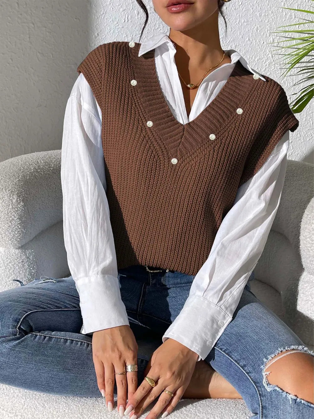 Knit sweater sleeveless V-neck vest for women -3