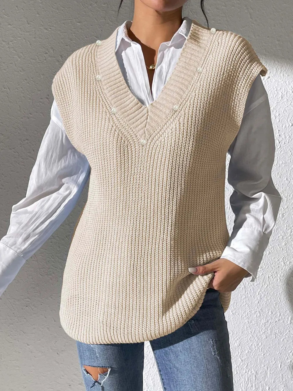 Knit sweater sleeveless V-neck vest for women -13