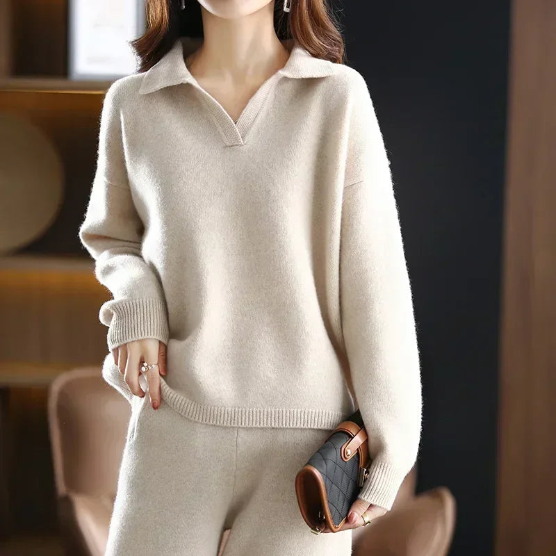 Elegant two-piece lounge polished collar set for women | Selene -2