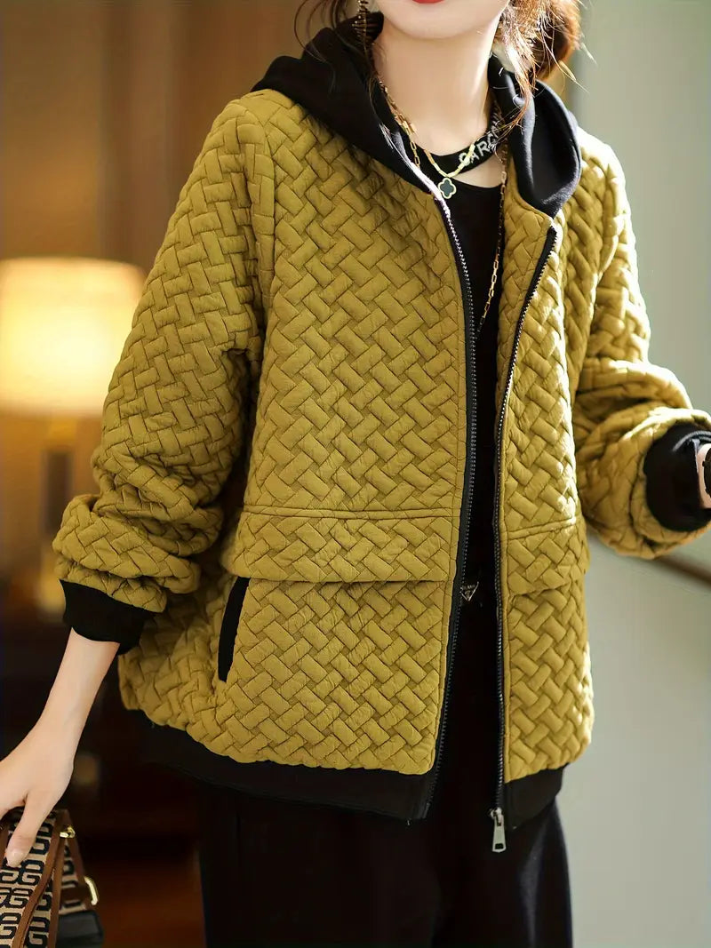 Quilted zip-up basketweave pattern hoodie for women | Selara -4