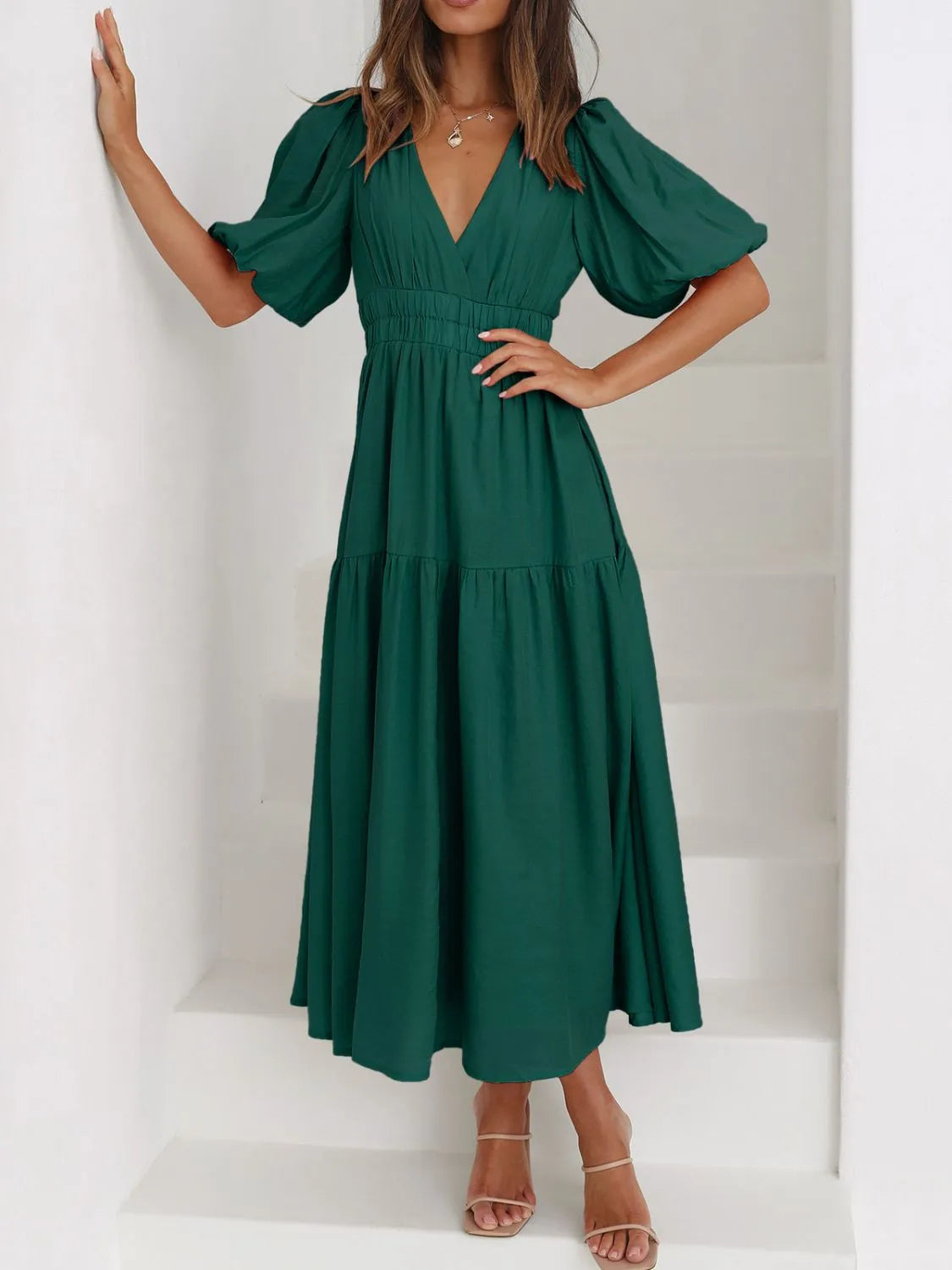 Maxi gathered autumn short-sleeve V-neck dress for women -22