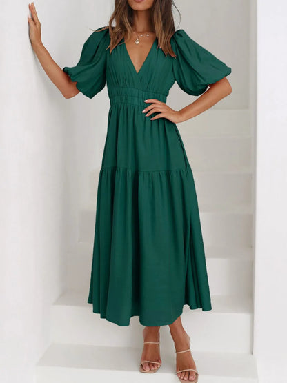 Maxi gathered autumn short-sleeve V-neck dress for women -22