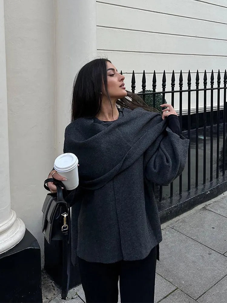 Chic asymmetrical wool poncho for women | Seraphina -4