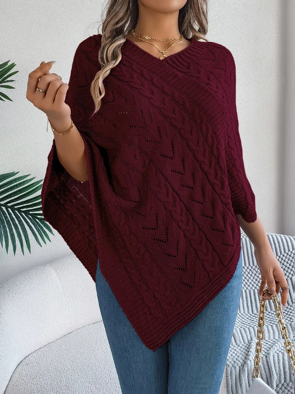 Poncho knit top cable-knit sweater for women -17