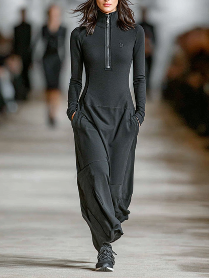 Relaxed zip-collar maxi sporty silhouette dress for women | Arwen -1