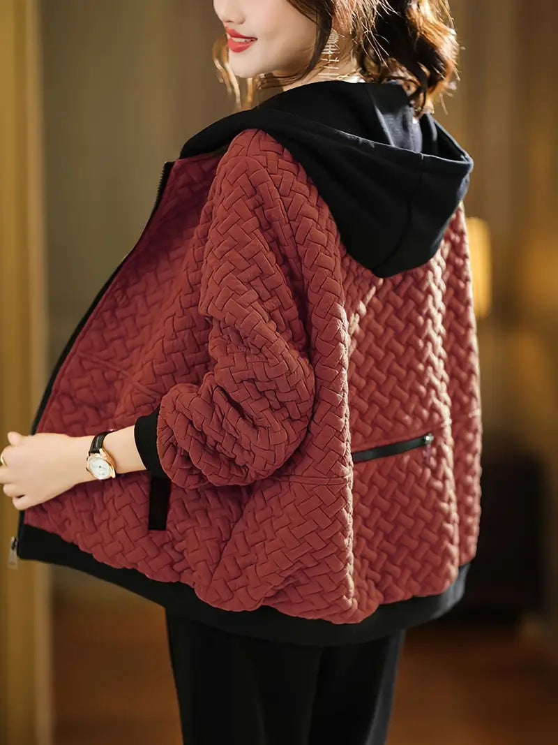 Quilted zip-up basketweave pattern hoodie for women | Selara -5