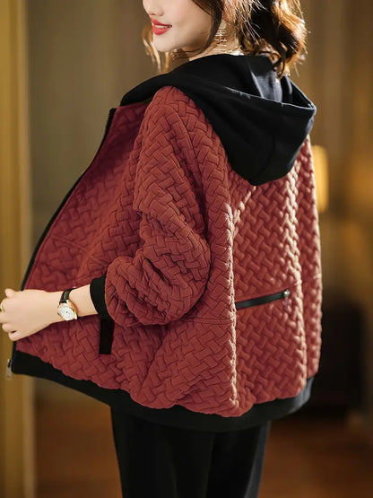 Quilted zip-up basketweave pattern hoodie for women | Selara -5