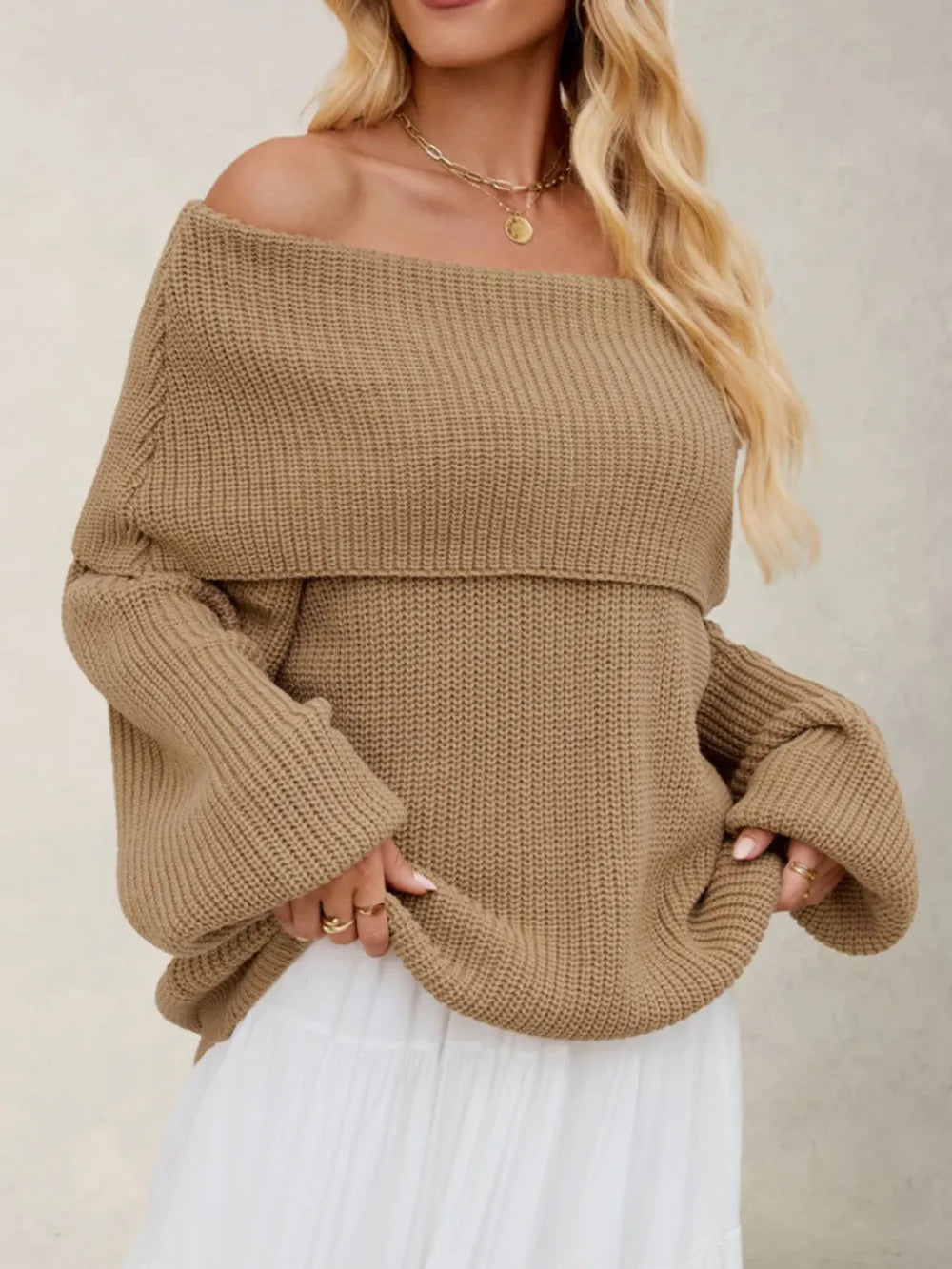 Knit shoulders off-shoulders oversized sweater for women | Caprice -3