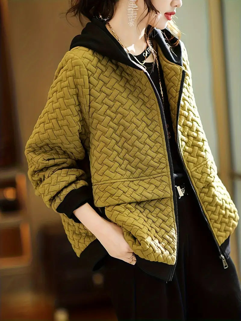 Quilted zip-up basketweave pattern hoodie for women | Selara -2