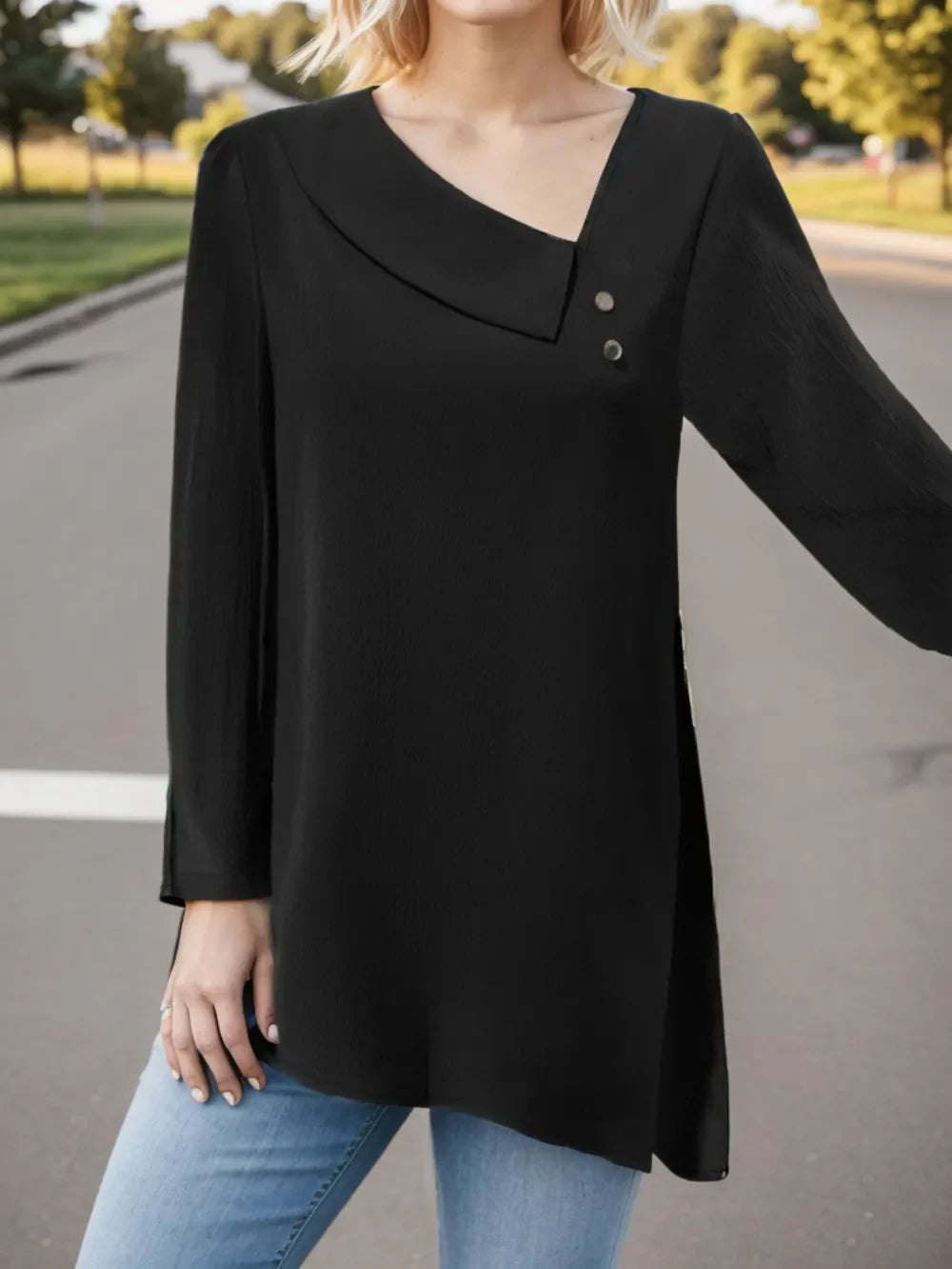 Asymmetric long-sleeve blouse for women -1