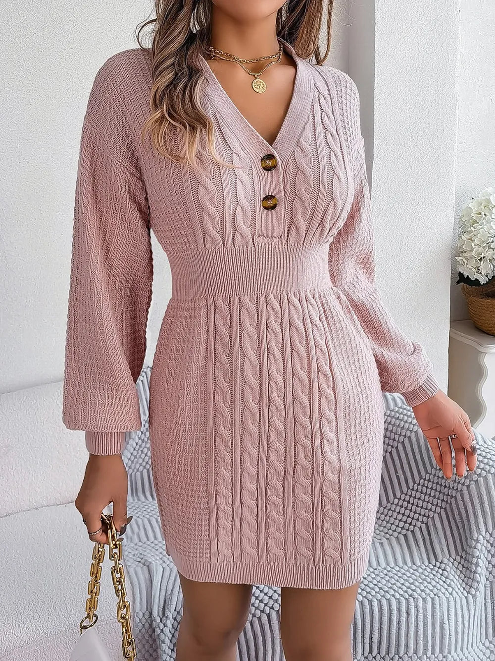 Winter knit sweater V-neck buttoned dress for women -9
