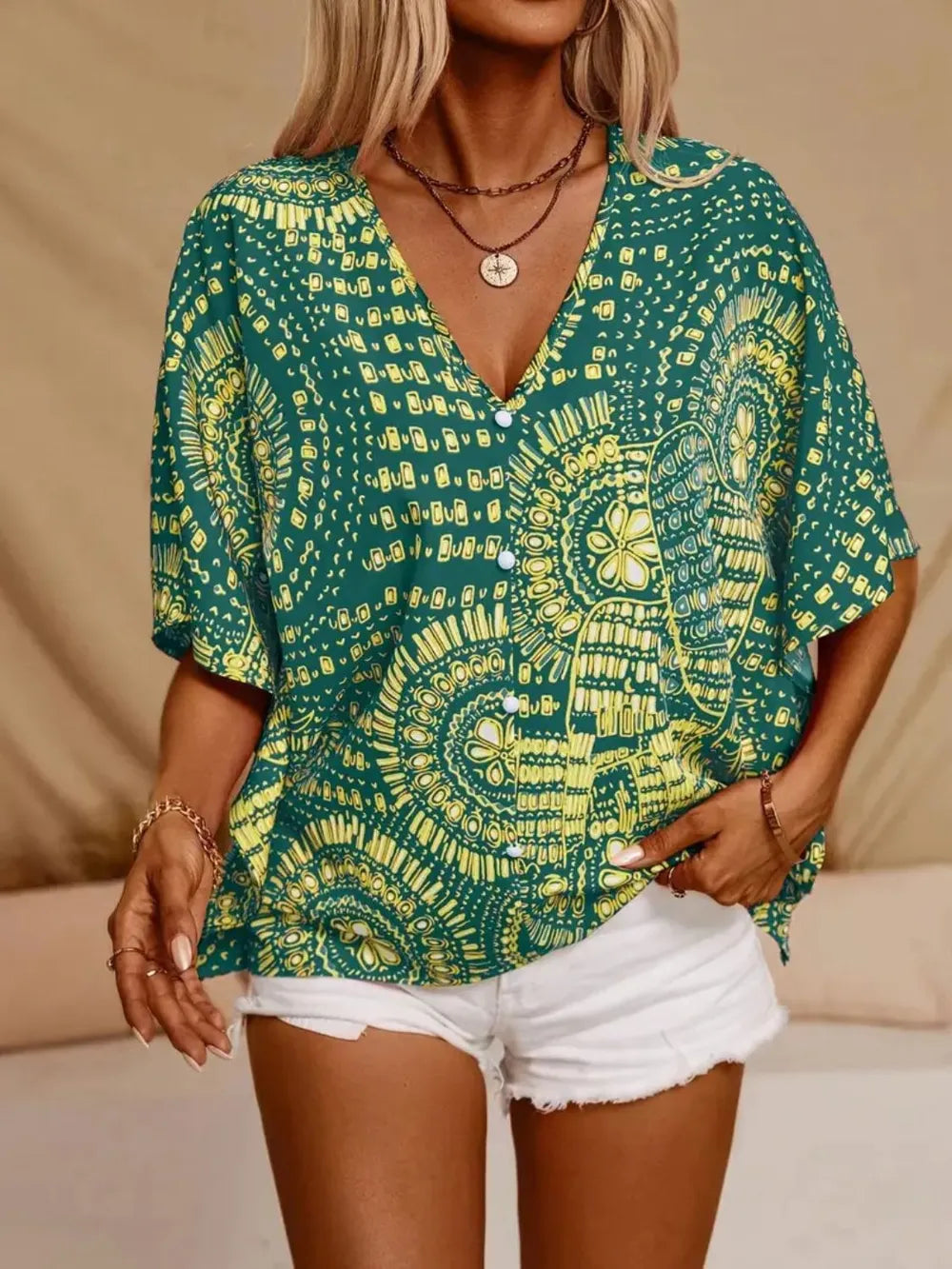 Boho print V-neck top for women -5