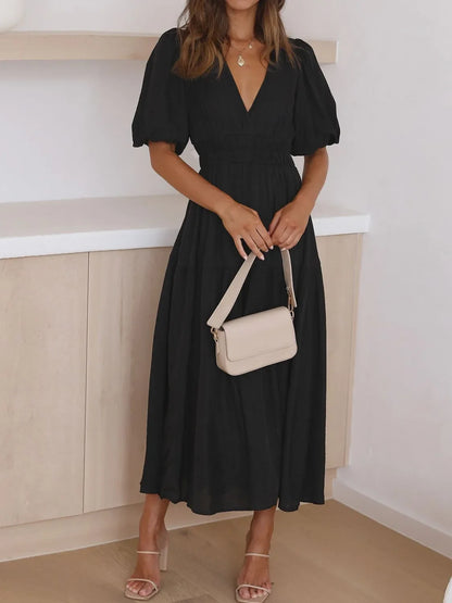 Maxi gathered autumn short-sleeve V-neck dress for women -16