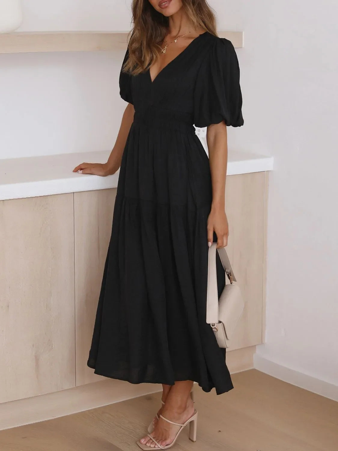 Maxi gathered autumn short-sleeve V-neck dress for women -17