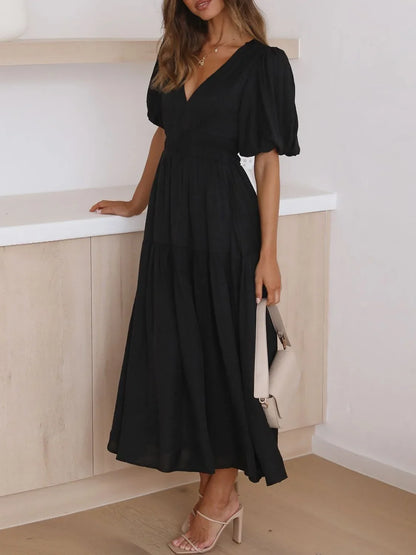 Maxi gathered autumn short-sleeve V-neck dress for women -17