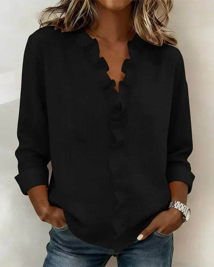 Ruffled V-neck long sleeves blouse for women | Elowen -3