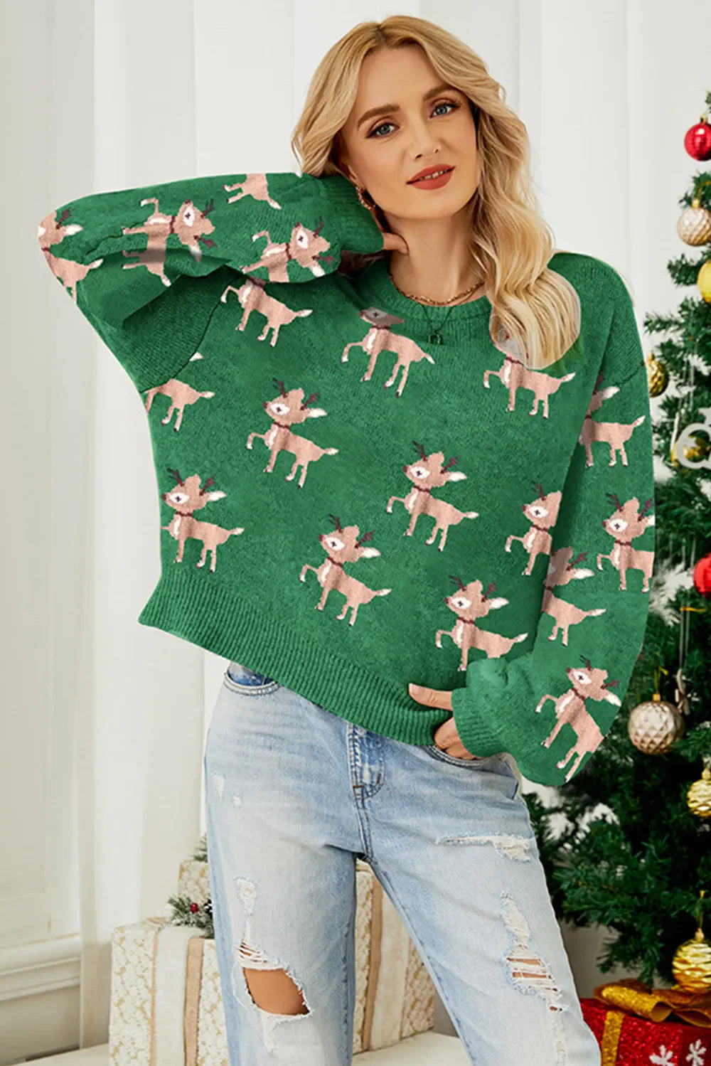 Christmas knit long-sleeve pattern renne sweater for women -3