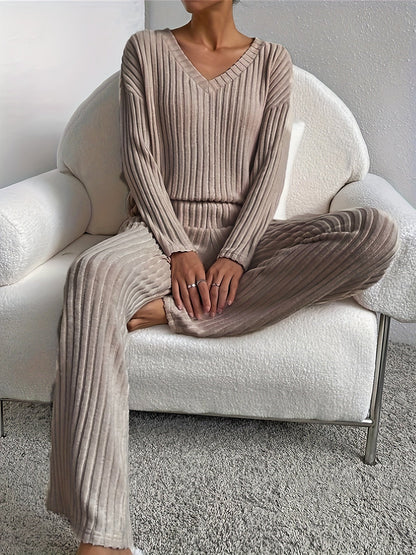 Relaxed knit lounge V-neck top set for women | Solene -6