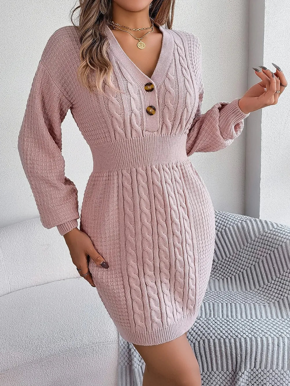 Winter knit sweater V-neck buttoned dress for women -10