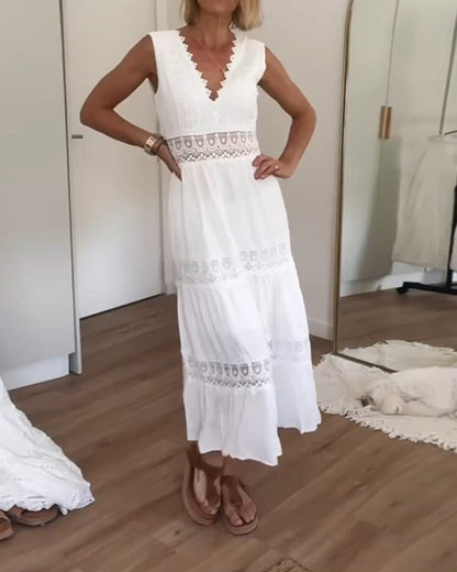 V-neck lace midi warm-weather occasions dress for women | Aurélia -4