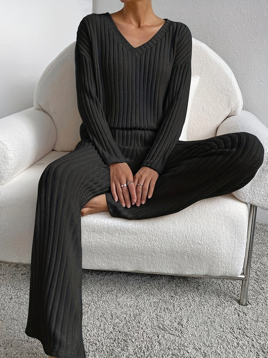 Relaxed knit lounge V-neck top set for women | Solene -1