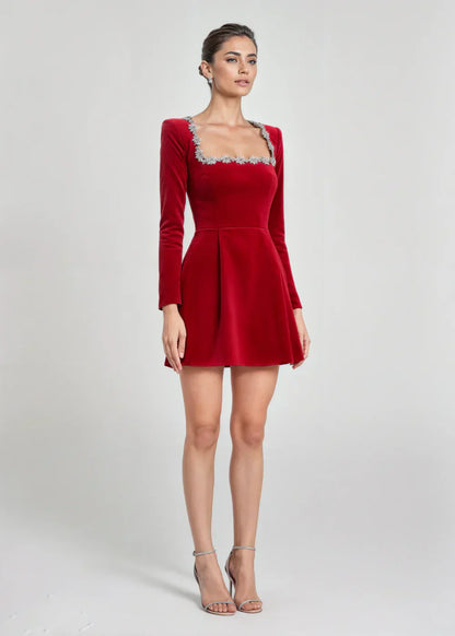 Chic velvet mini square neckline dress for women | Willow -7