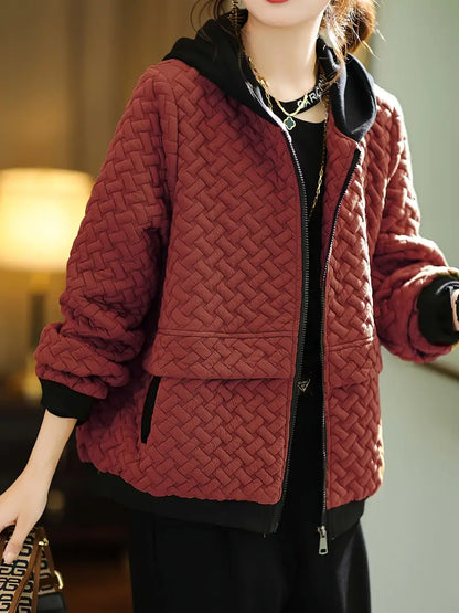 Quilted zip-up basketweave pattern hoodie for women | Selara -8