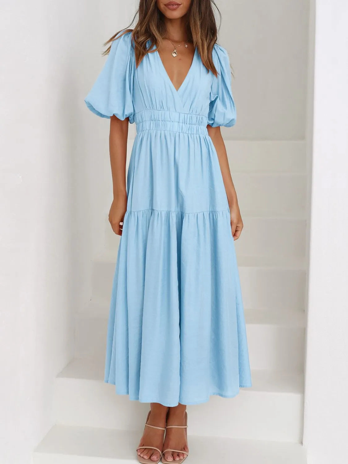 Maxi gathered autumn short-sleeve V-neck dress for women -2