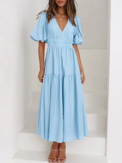 Maxi gathered autumn short-sleeve V-neck dress for women -2