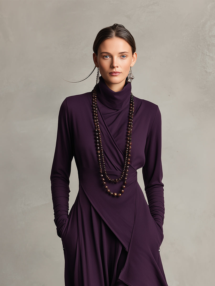 Bohemian draped maxi dress turtleneck for women | Elowen -2