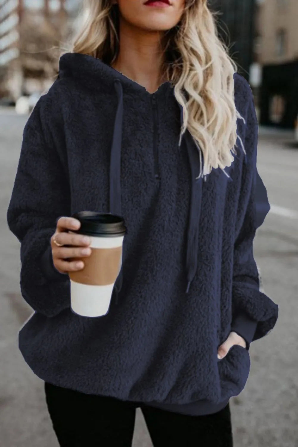 Plush demi-zip hoodie for women -8