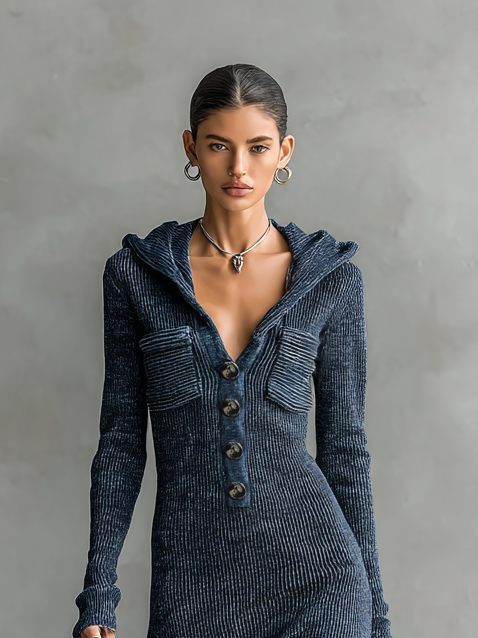 Slim hooded maxi clean silhouette dress for women | Elowen -2