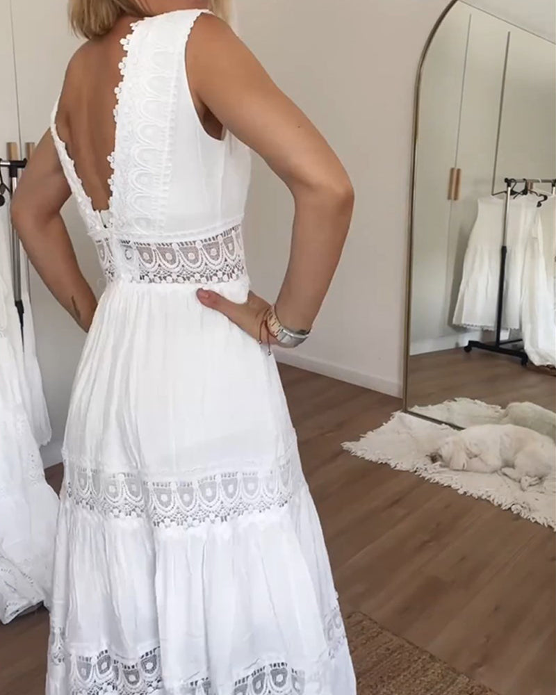 V-neck lace midi warm-weather occasions dress for women | Aurélia -2