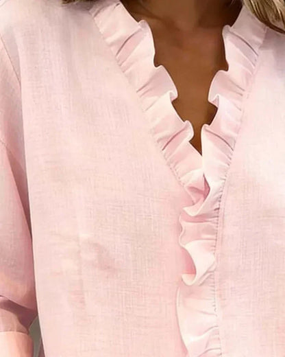 Ruffled V-neck long sleeves blouse for women | Elowen -9
