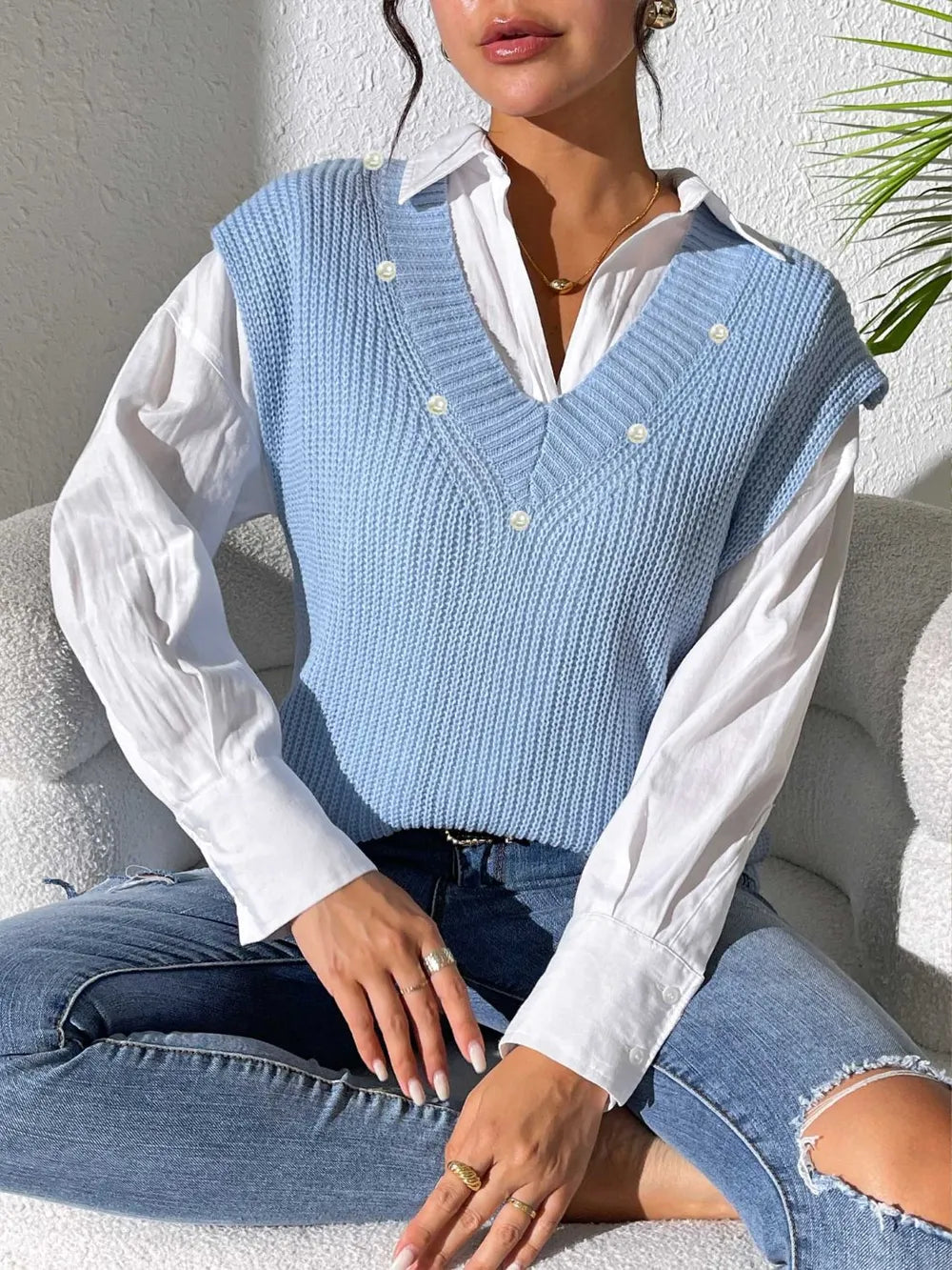 Knit sweater sleeveless V-neck vest for women -6