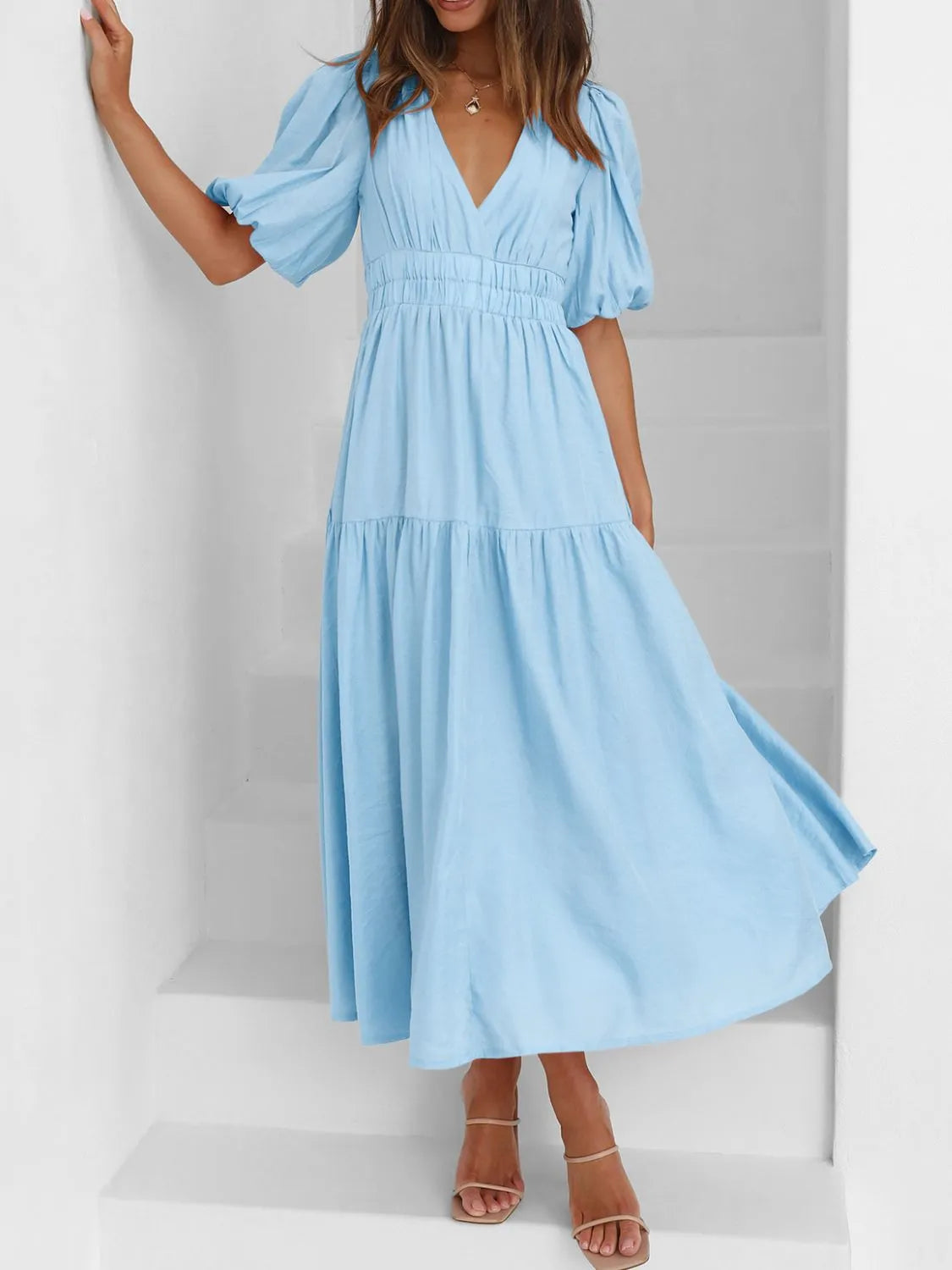 Maxi gathered autumn short-sleeve V-neck dress for women -1