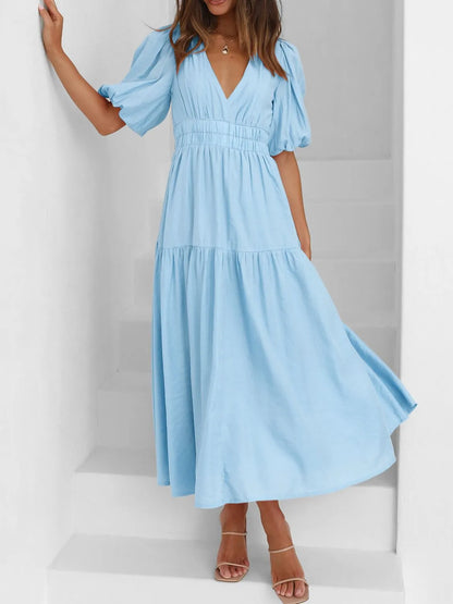 Maxi gathered autumn short-sleeve V-neck dress for women -1