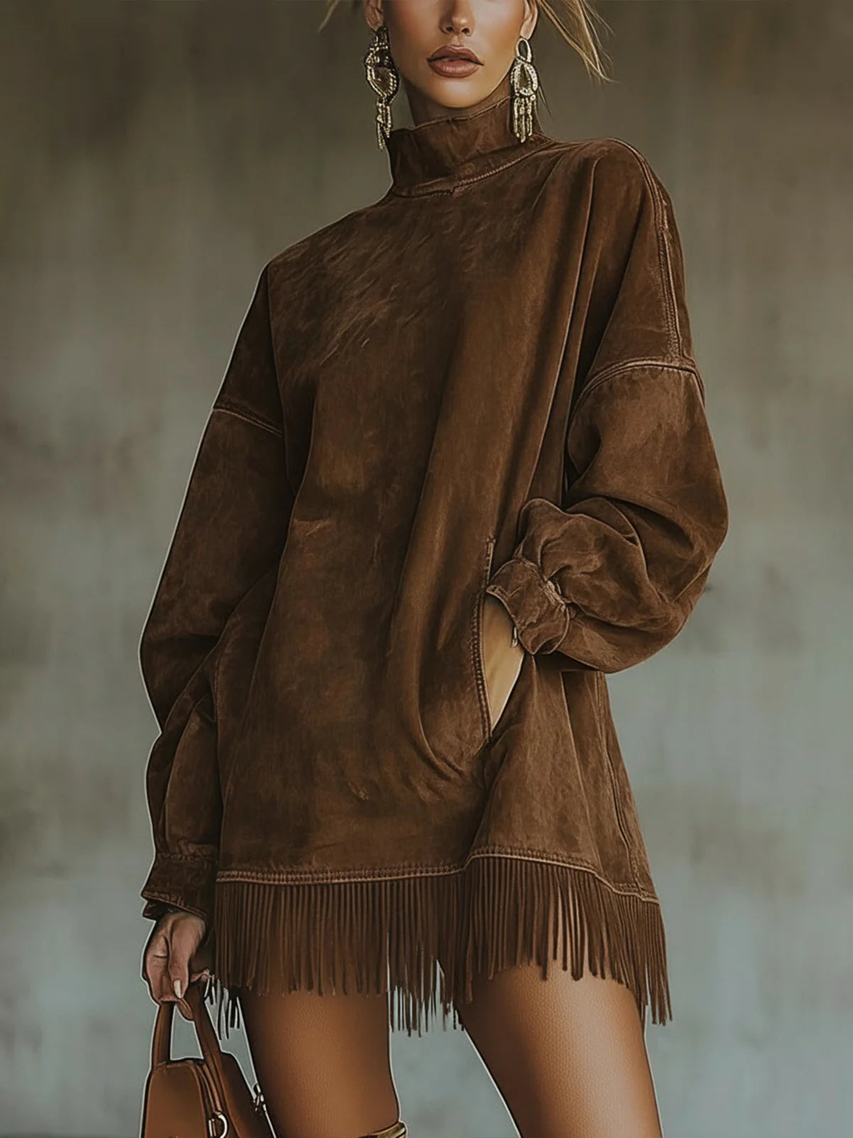 Faux suede fringe hem dress turtleneck for women | Marlowe -2