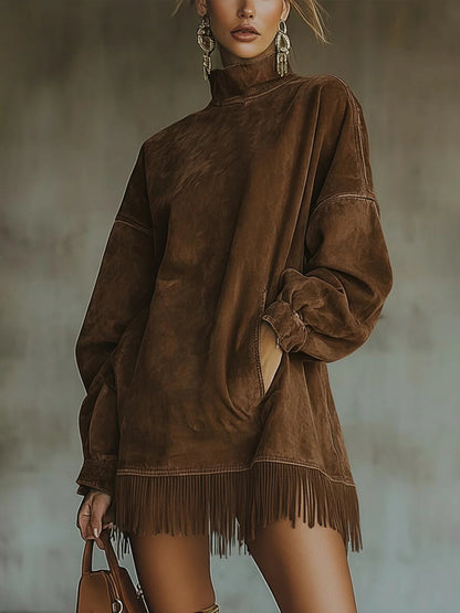 Faux suede fringe hem dress turtleneck for women | Marlowe -2