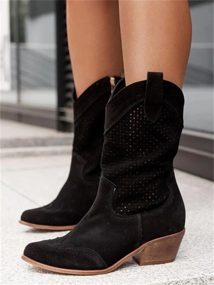 Ankle western perforateds suede block boots for women | Janna -5