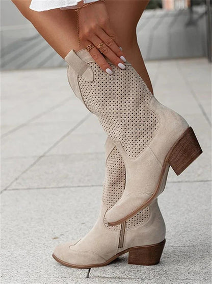 Ankle western perforateds suede block boots for women | Janna -1