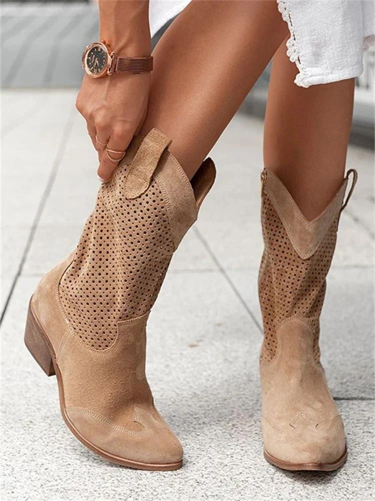 Ankle western perforateds suede block boots for women | Janna -7