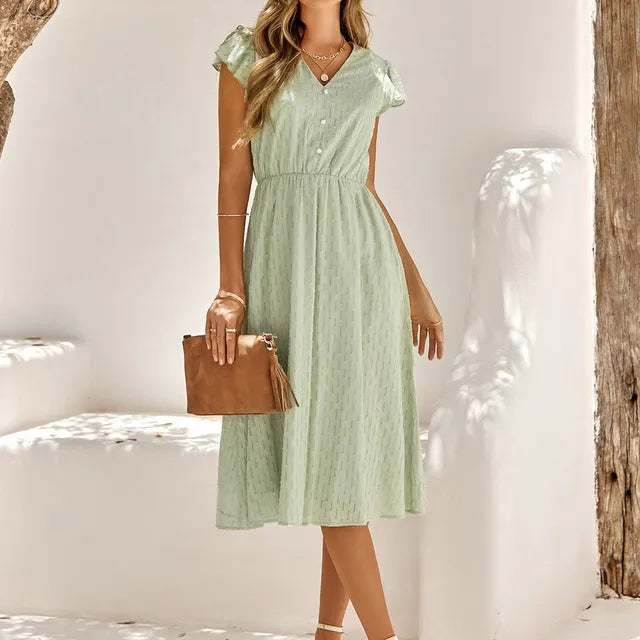Mi-long sleeves ruffled dress for women | Ombeline -2