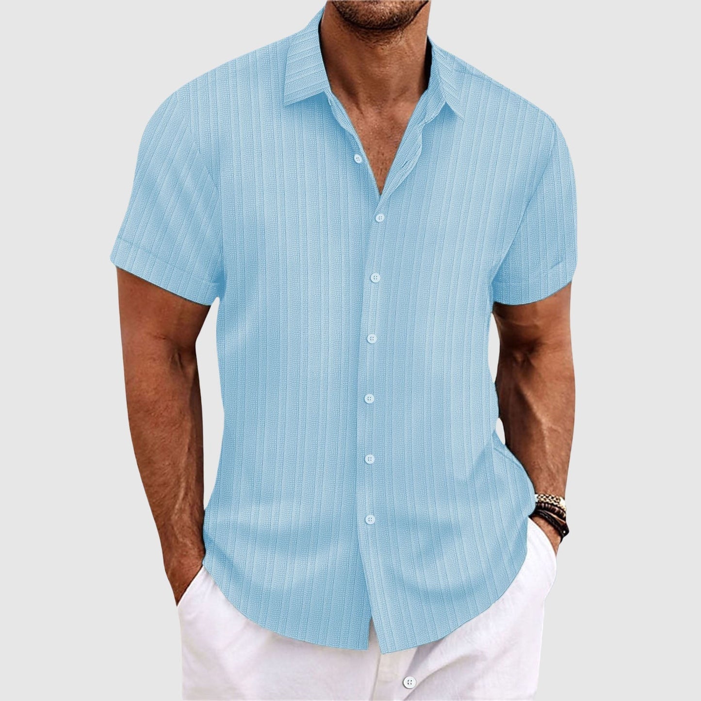 Casual striped short-sleeve lapel collar shirt for men | Rowan -4