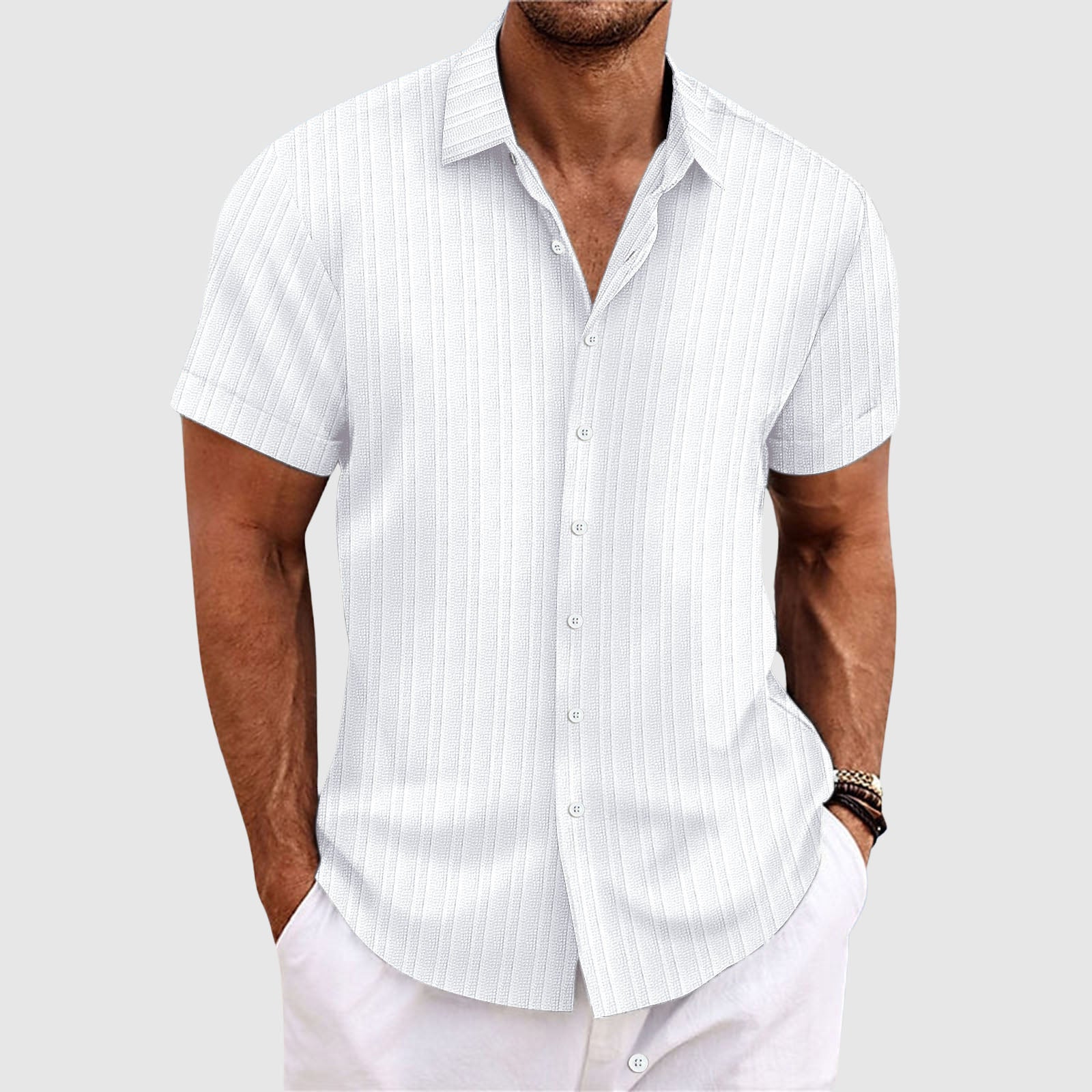 Casual striped short-sleeve lapel collar shirt for men | Rowan -2