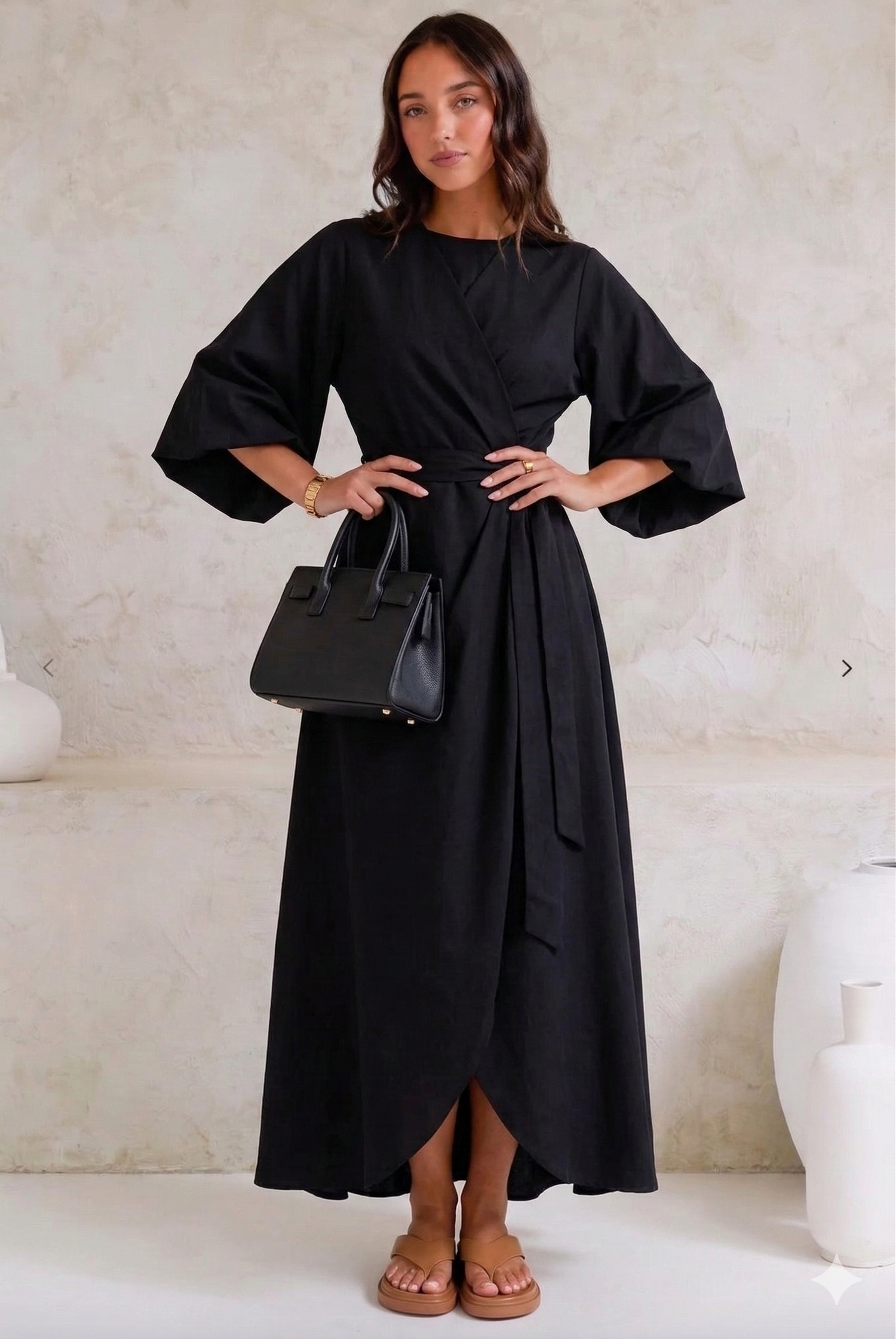 Feminine lantern-sleeve adjustable waist dress for women | Elowen -1