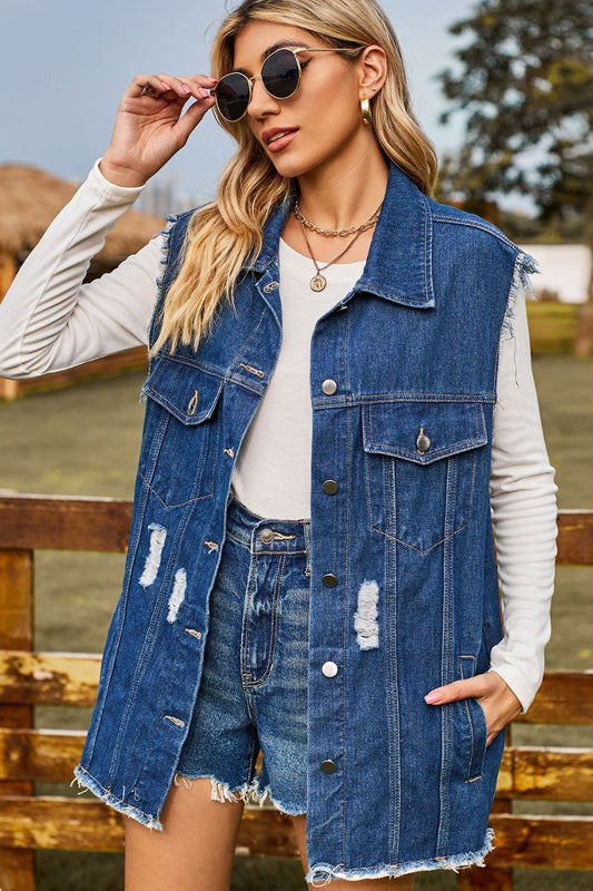 Denim sleeveless buttoned collar pockets top for women -1