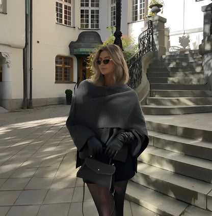 Chic asymmetrical wool poncho for women | Seraphina -3